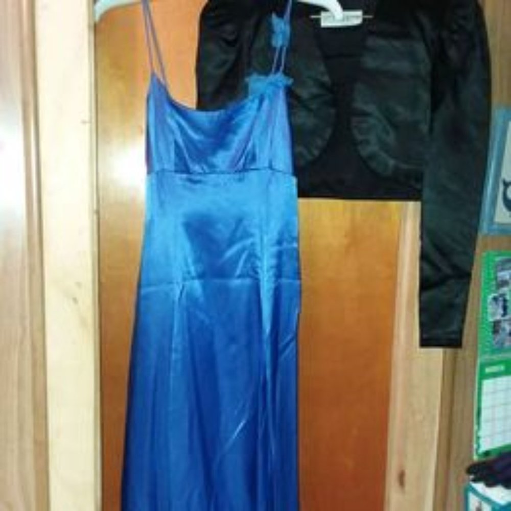 Royal Blue Prom Dress Size 4 with Black Jacket and Scarf